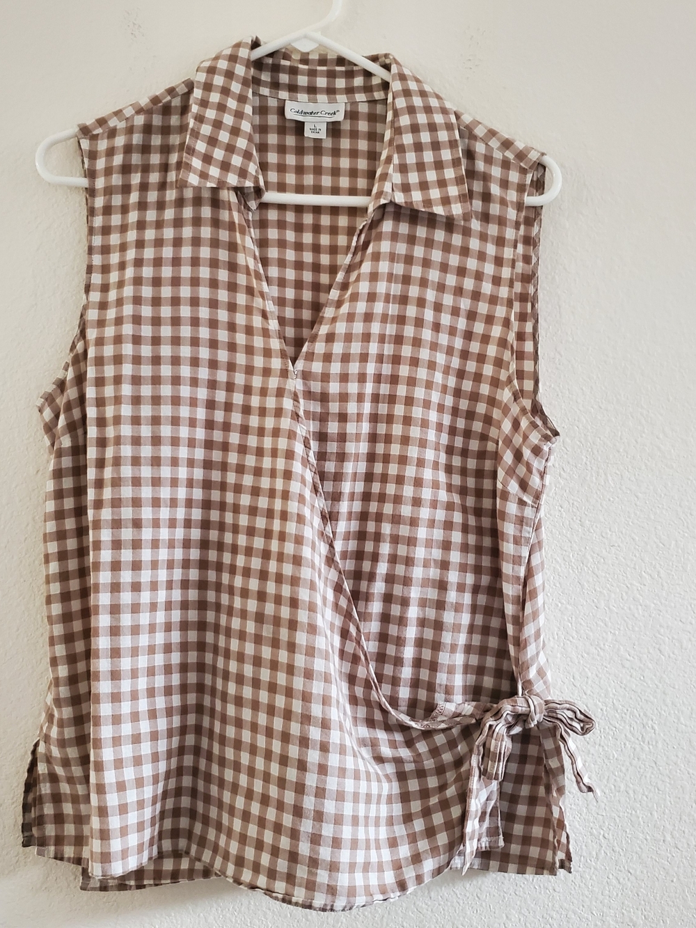 Coldwater Creek Brown and White Gingham Tie-Side Sleeveless Wrap Top Size L